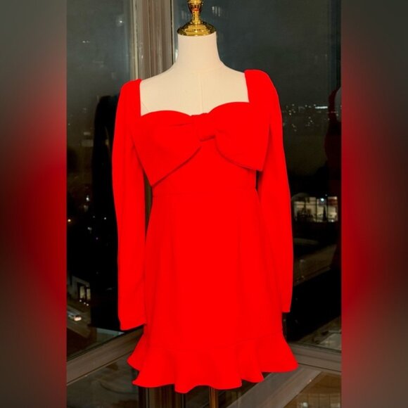 🆕 SELF-PORTRAIT 🧿 NWOT Red Crepe Bow Long Sleeve Mini Dress, Sz UK 14 US 10 - Picture 3 of 15